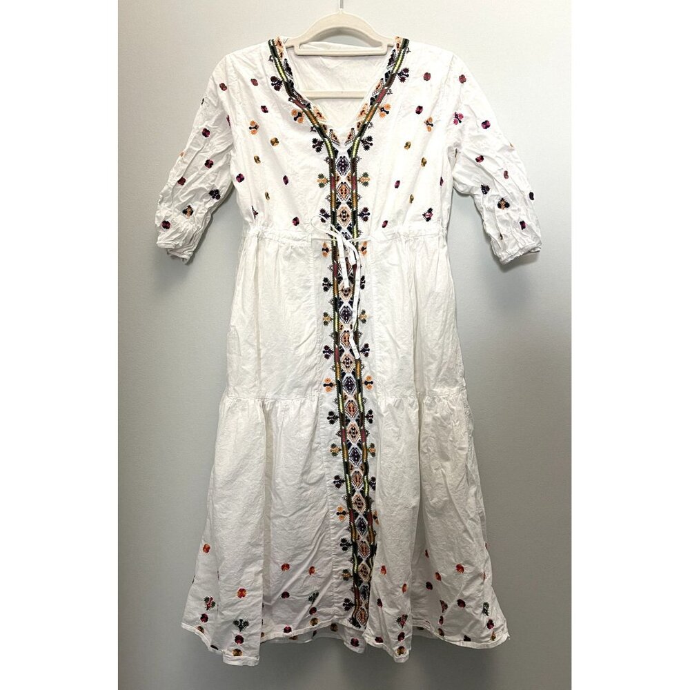 Vintage White Cotton Boho Dress With Multicolor Embroidery 3/4 Sleeves Med
